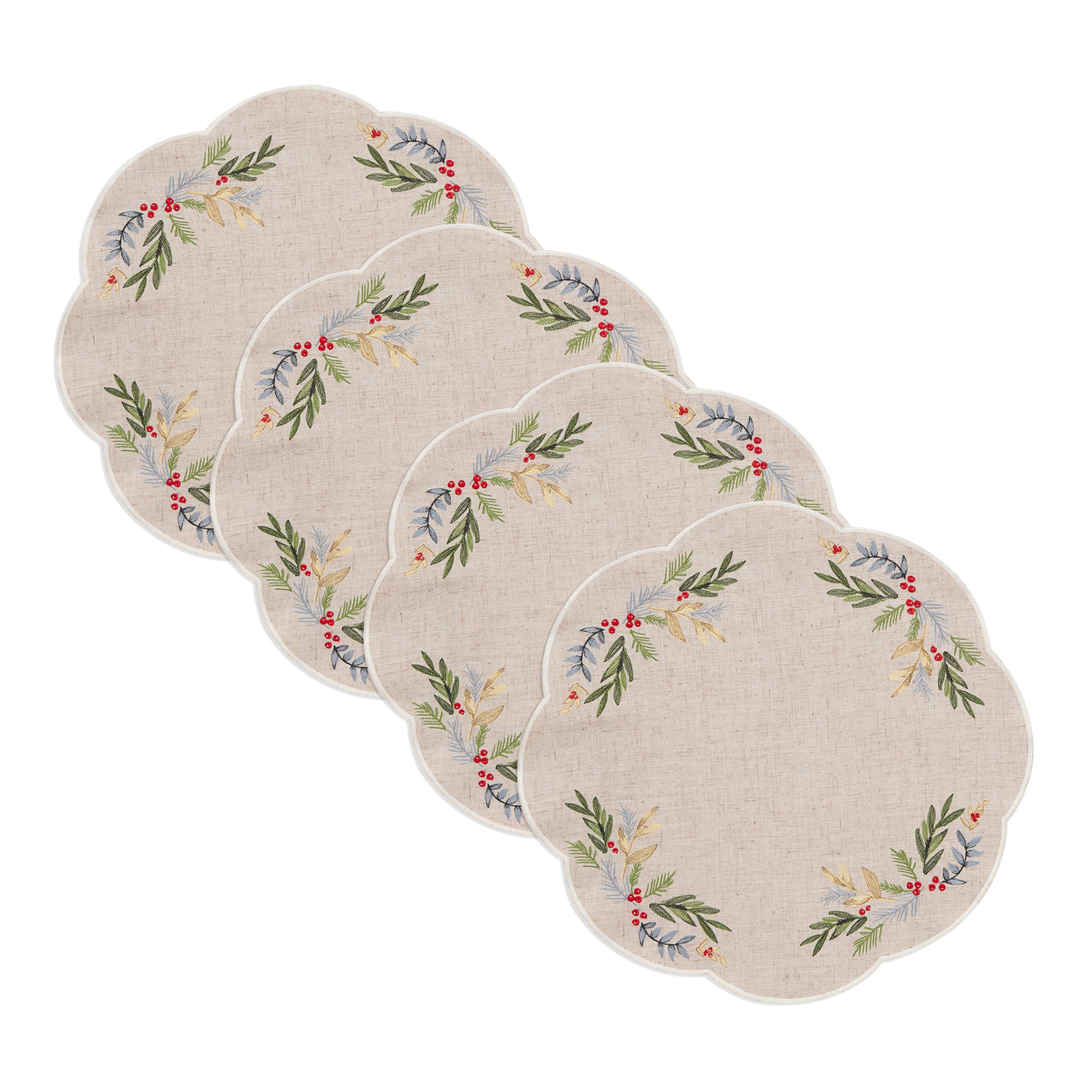 French Perle Holly Embroidered Placemats, Set of 4