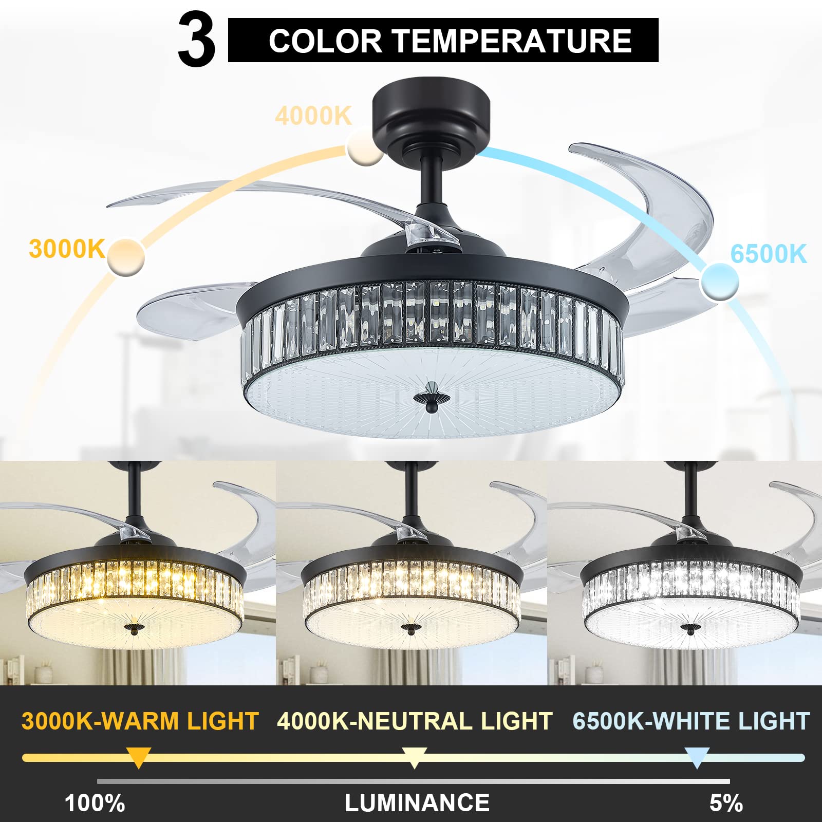 KAPOEFAN 42 inch Retractable Chandelier Ceiling Fan with Lights and Remote,Fandelier Crystal Fan with Retractable Blades Memory Dimmable LED