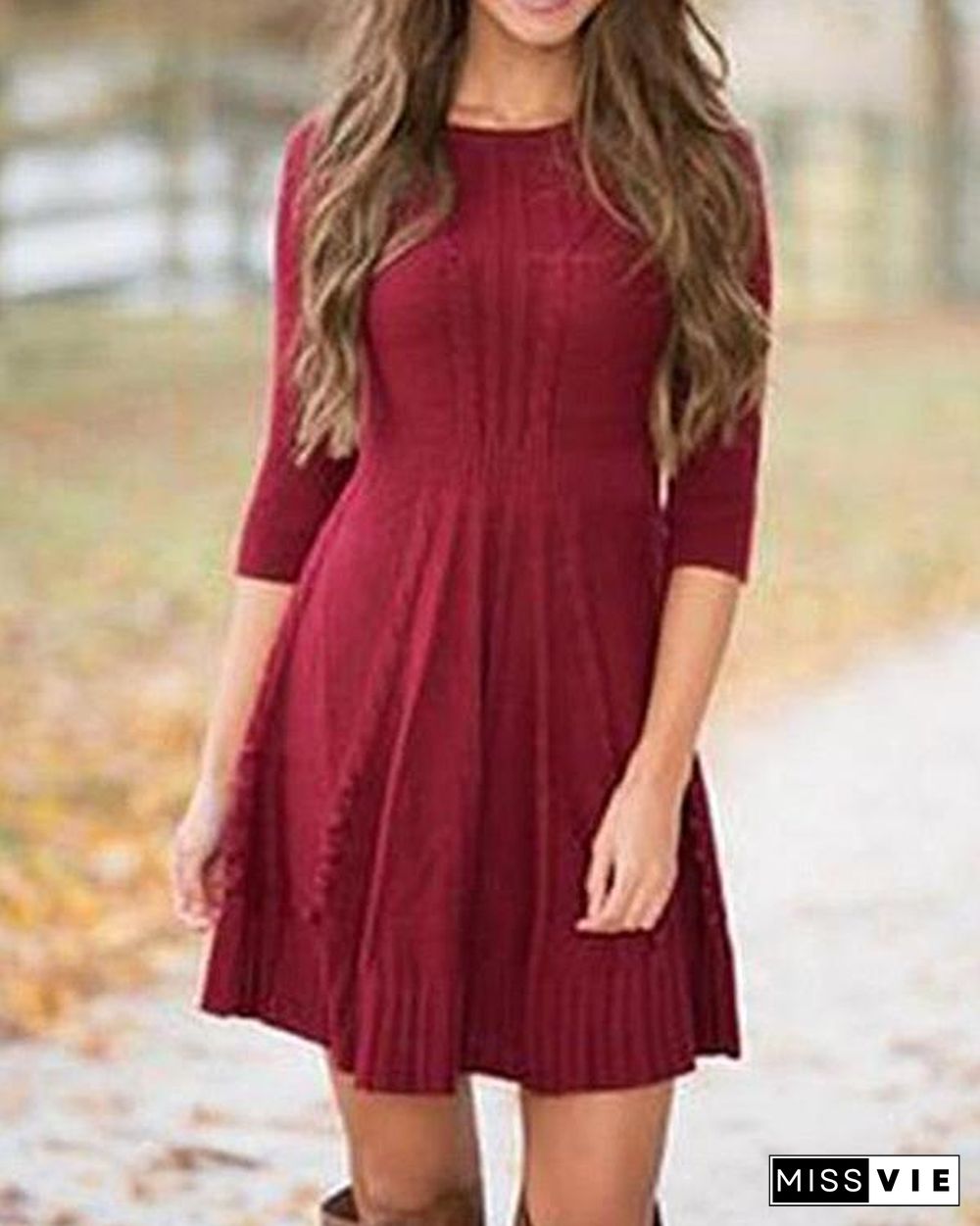 Solid Long Sleeves A-line Above Knee Crew Neck Dress