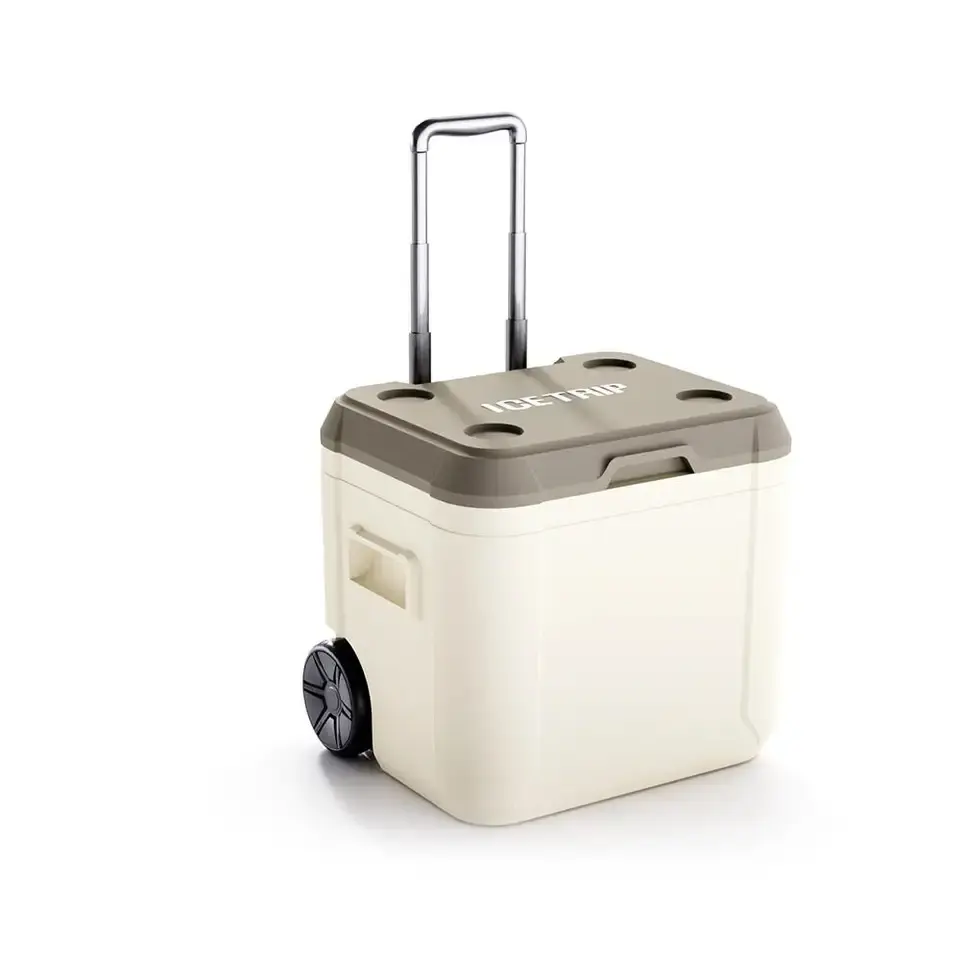 2023 Hot selling outdoor plastic insulated wheeled 52L ice cooler box large fishing food hard cooler with wheels box