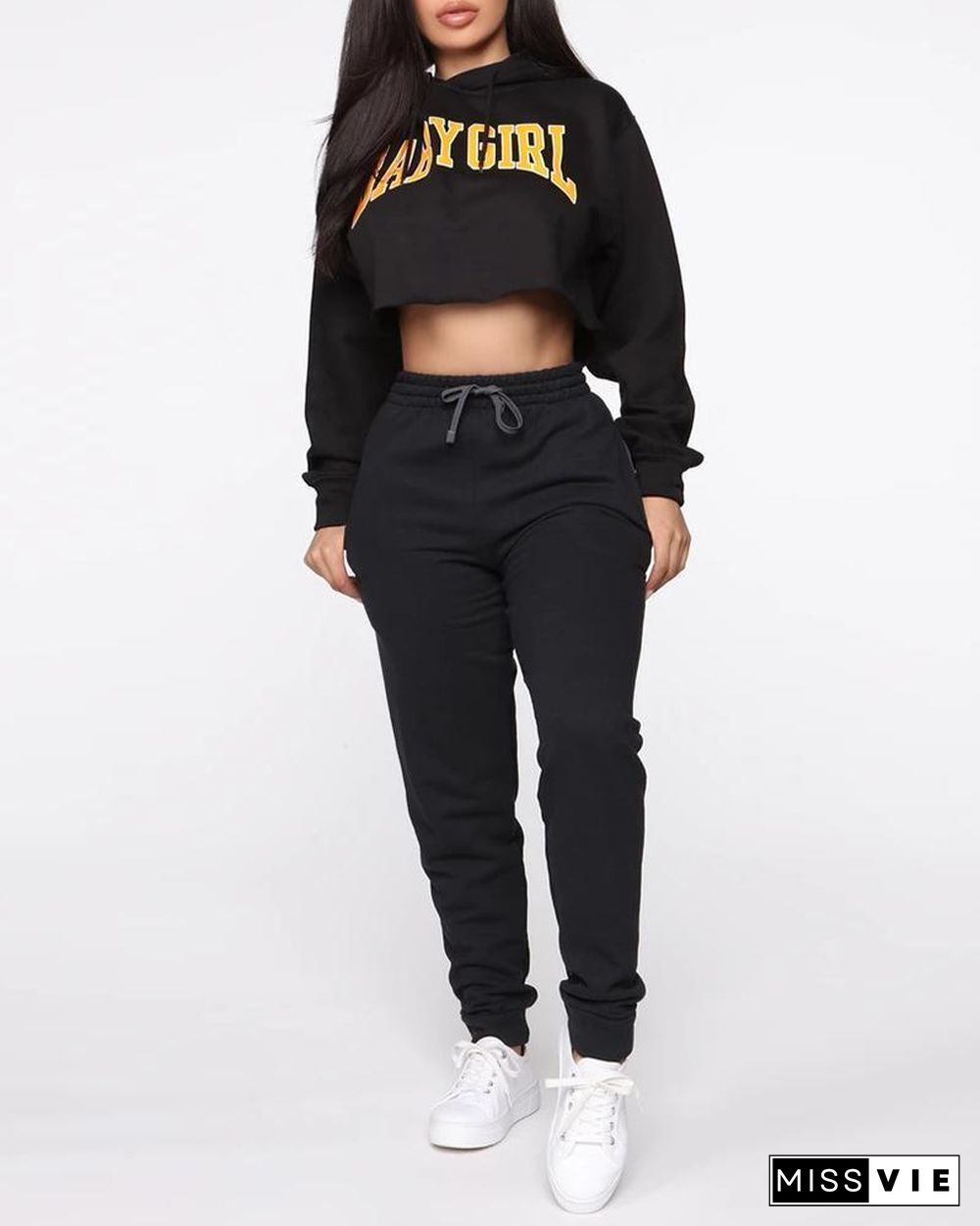 Letter Print Hooded Crop Top & Drawstring Pants Set P13220