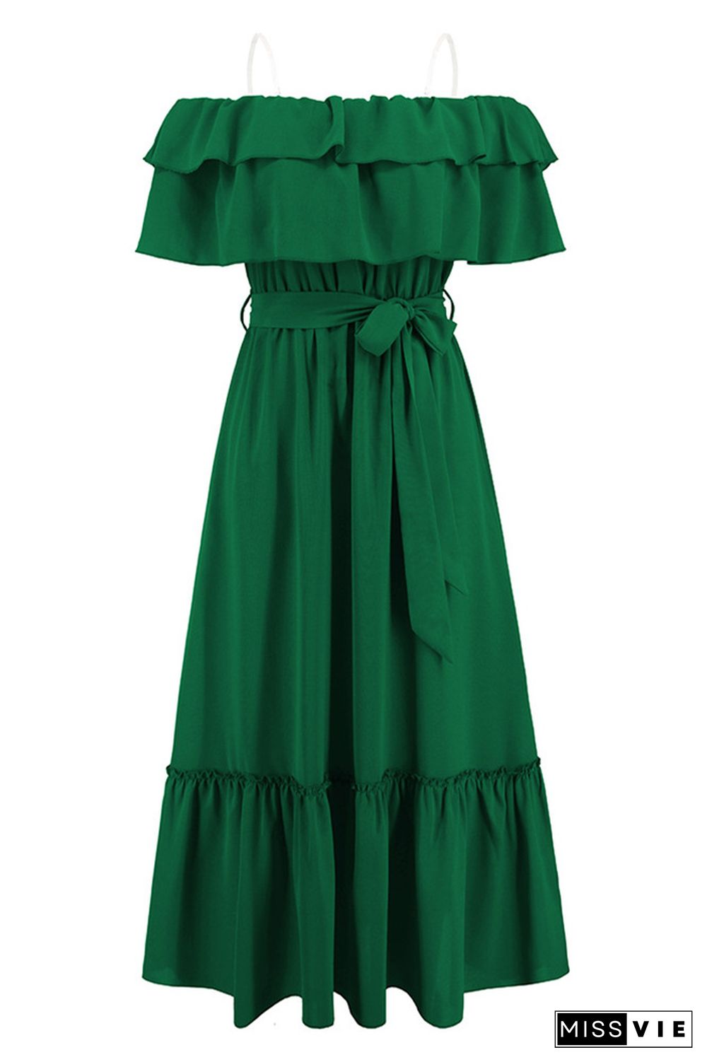 Plain Off Shoulder Ruffles Maxi Dress With Sash