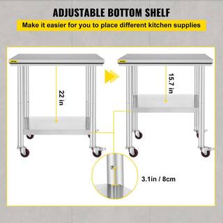 VEVOR Commercial Prep Table 29.9 x 23.6 in. Stainless Steel Table with Casters Kitchen Utility Table for RestaurantSilver SYGZT30X24INDJL01V0