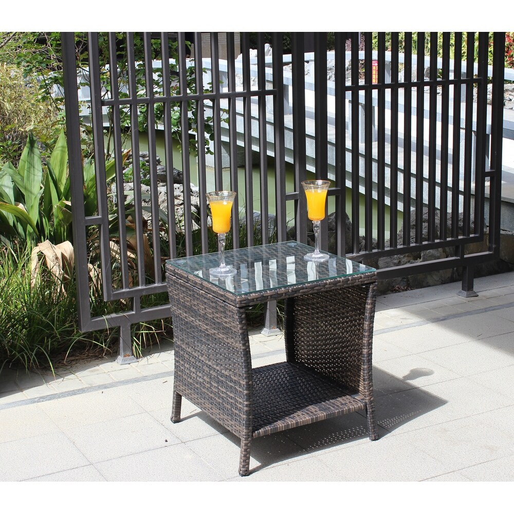 Outdoor Patio Coffee Table Brown Wicker Side Table with Tempered Glass Tabletop and 1 Shelf Tbale for Outdoor Garden