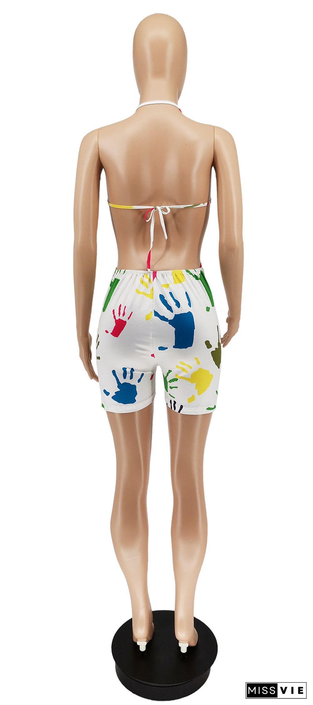 Sexy Colorful Hand Graffiti Print Halter Neck Backless Rompers