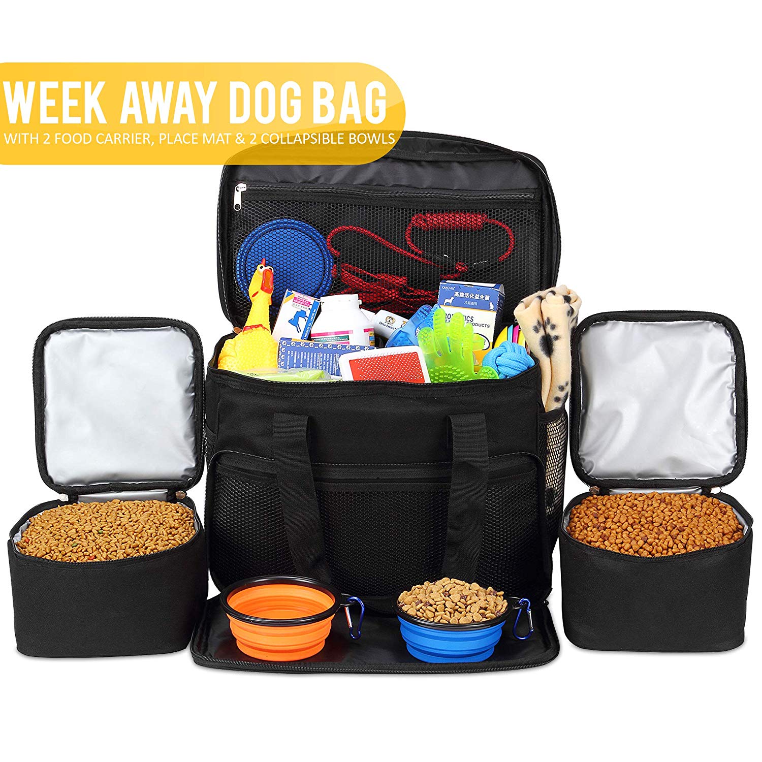 KOPEKS Cat and Dog Travel Bag - Includes 2 Food Carriers， 2 Bowls and Place mat - Airline Approved - Black