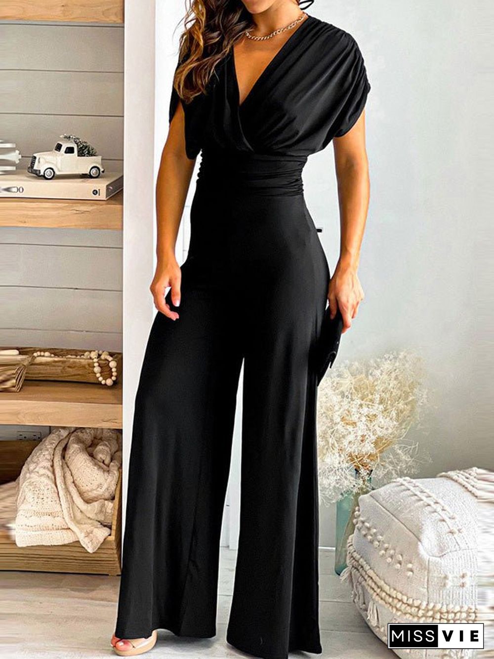 Women'S Jumpsuits Solid V-Neck Slim Fit Wide Leg Pants