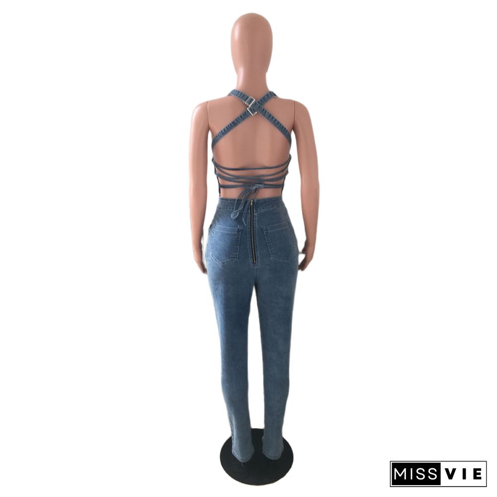 New Casual Fashion Slim Backless Bandage Denim Jumpsuit