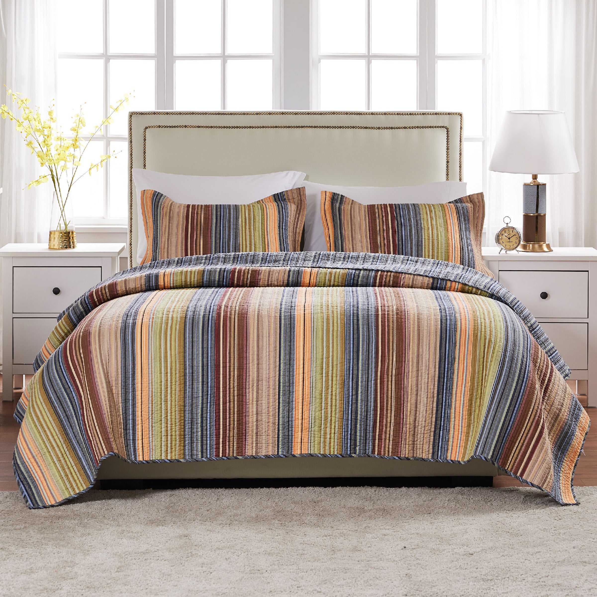 Greenland Home Fashions Katy Boho Stripe 100% Cotton Quilt and Pillow Sham Set， 2-Piece Twin/Twin XL