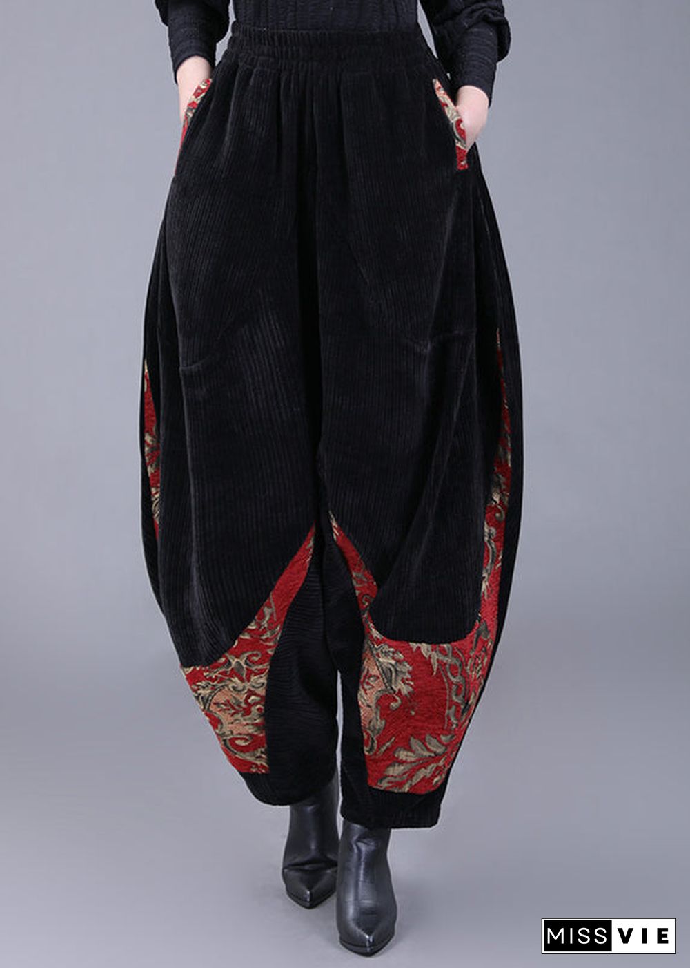 Plus Size Black Pockets Embroideried Corduroy Lantern Pants Fall