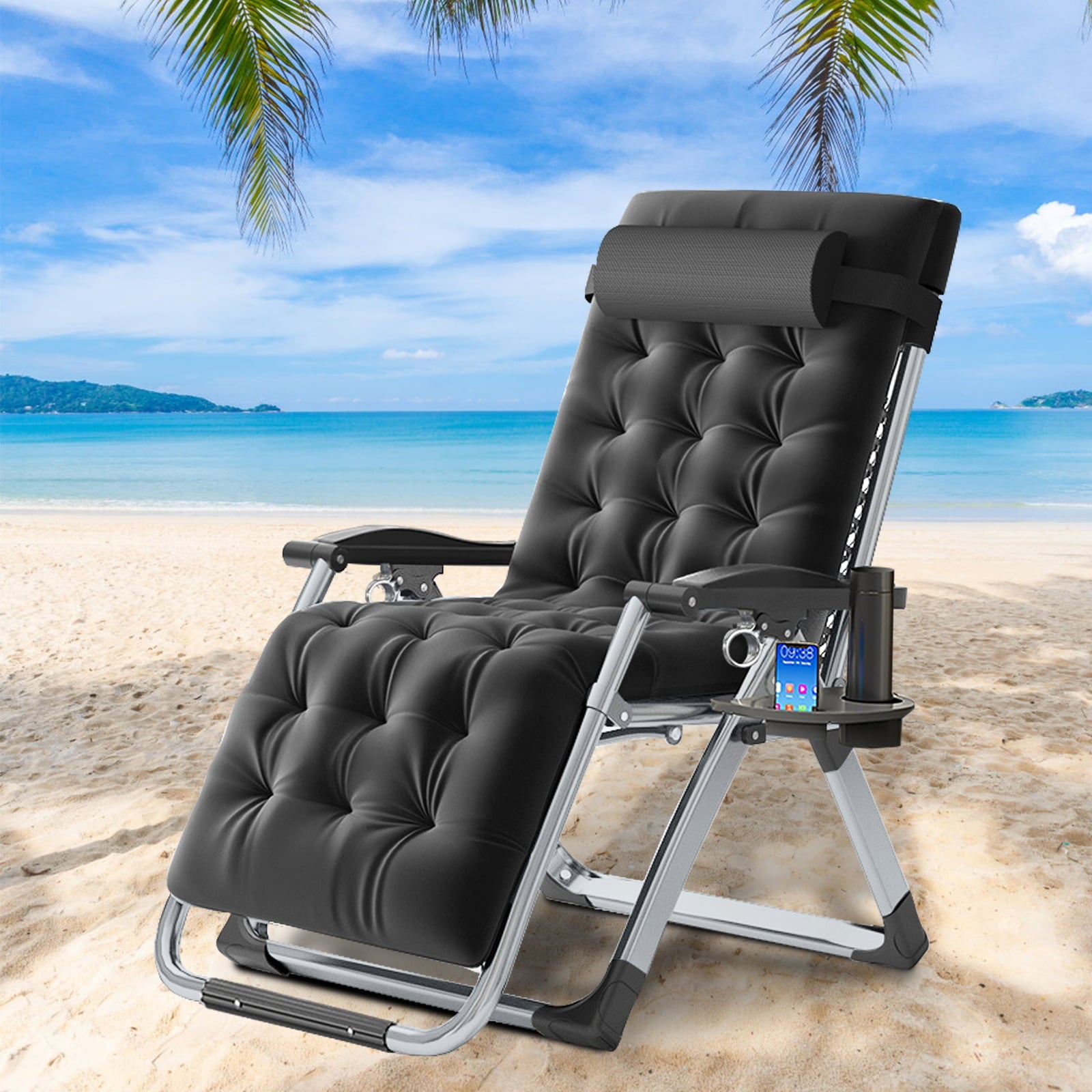 Docred Zero Gravity Chair , Lawn Recliner Folding Chaise Lounge with Removeable Pad Soft Cushion, Headrest and Cup Holder, Camping chairs Patio Fold Lounger Chair