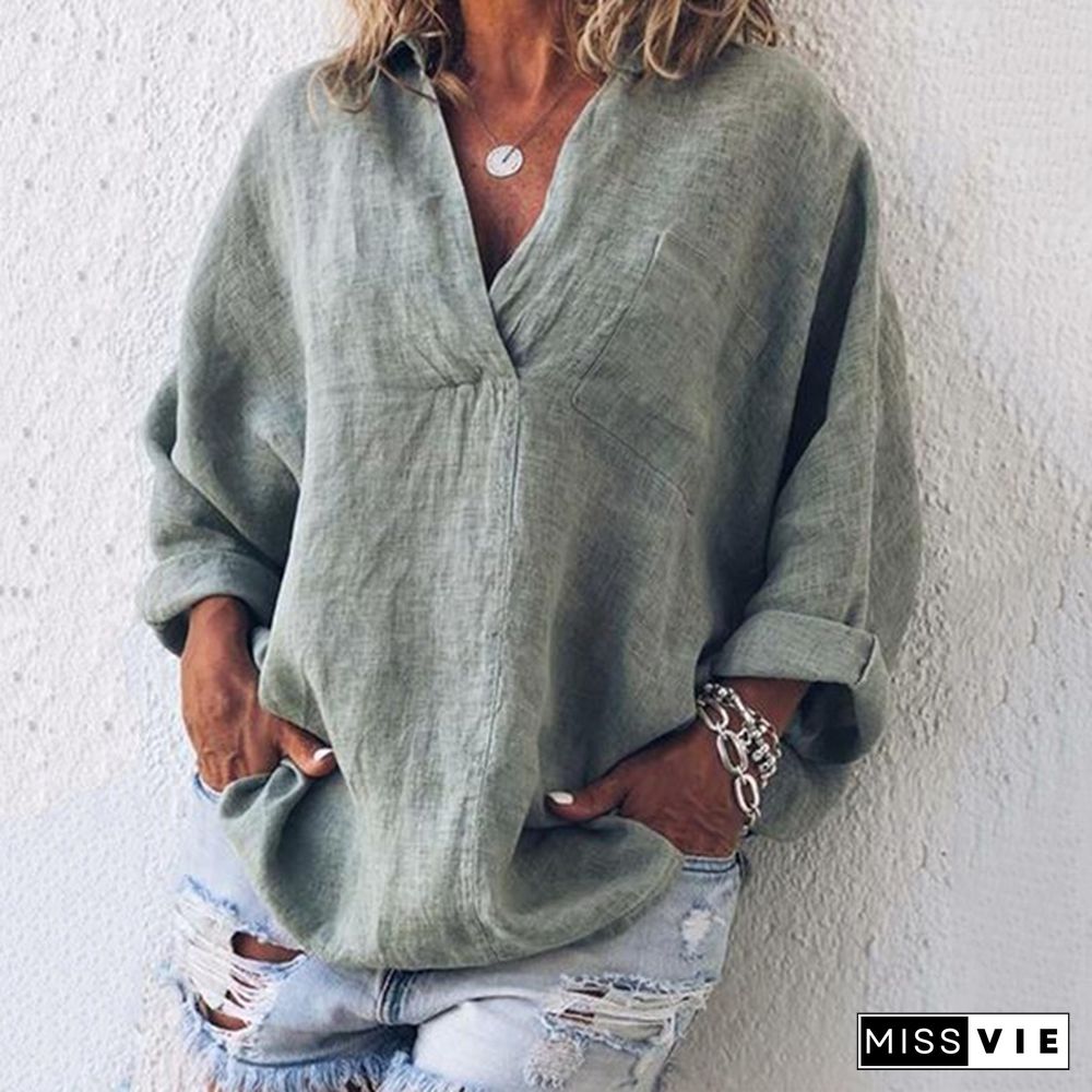 XS-8XL Autumn Tops Plus Size Fashion Clothes Women's Casual Long Sleeve Tee Shirts Deep V-neck Tunic Tops Ladies Blouses Pullover Loose T-shirts Solid Color Linen Blouses