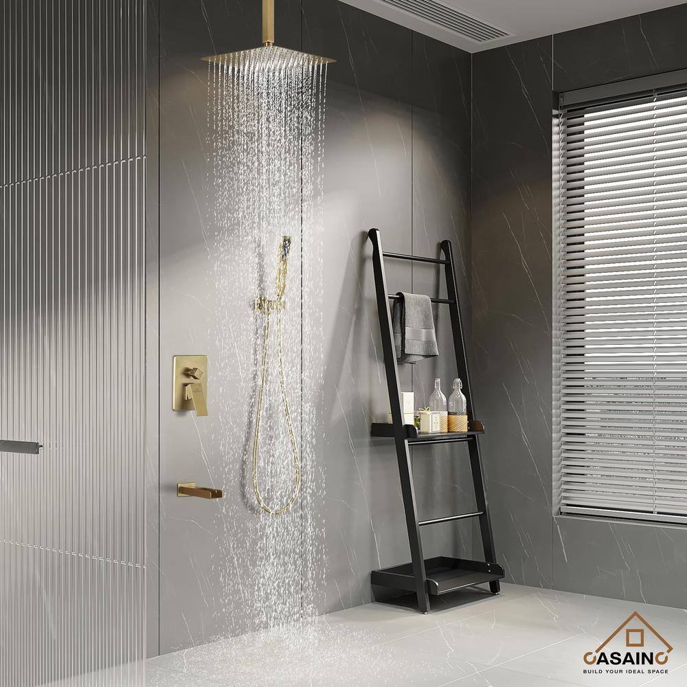 CASAINC Single-Handle 1-Spray Patterns 12 in. Ceiling Mount Tub and Shower Faucet in Brushed Gold (Valve Included) CS3623-12BG