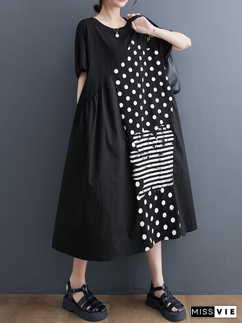 Irregularity Oversize Printed Striped Polka-Dot Split-Joint Round-Neck Midi Dresses