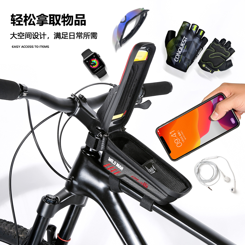 WILD MAN Customized Hard shell Bicycle Bag  E12 Waterproof Handlebar Mobile Phone Screen Touch Bike Bag Bicycle