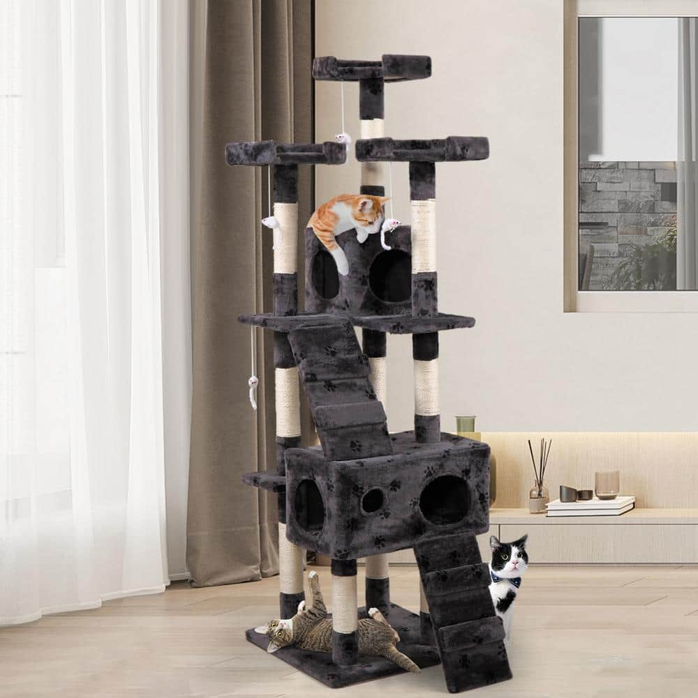 COZIWOW 67 in. Grey with Paw Print Cat Tree Tower Kitten Condo House CW12X0053