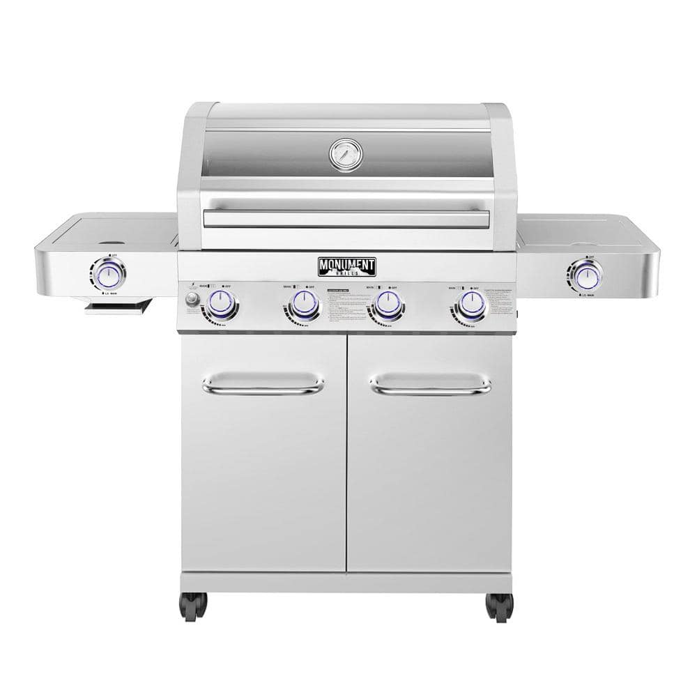 Monument Grills 4-Burner Propane Gas Grill in Stainless with Clear View Lid, LED Controls, Side and Sear Burners 35633