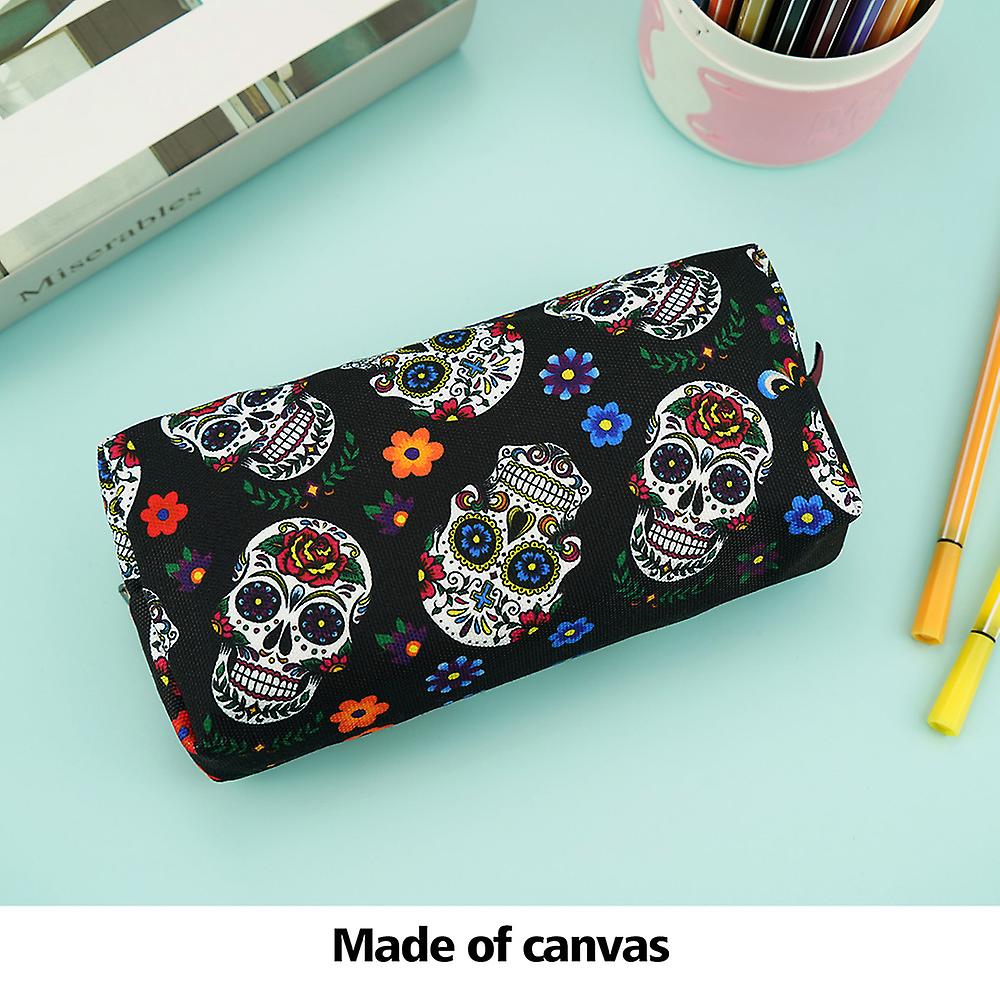 Lparkin Sugar Skull Pencil Case Super Large Capacity Canvas Pen Bag Pouch Stationary Case