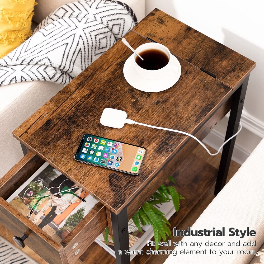 Side Table with Charging Station  Narrow Nightstand with Drawer   USB Ports   Power Outlets  End Table for Small Spaces