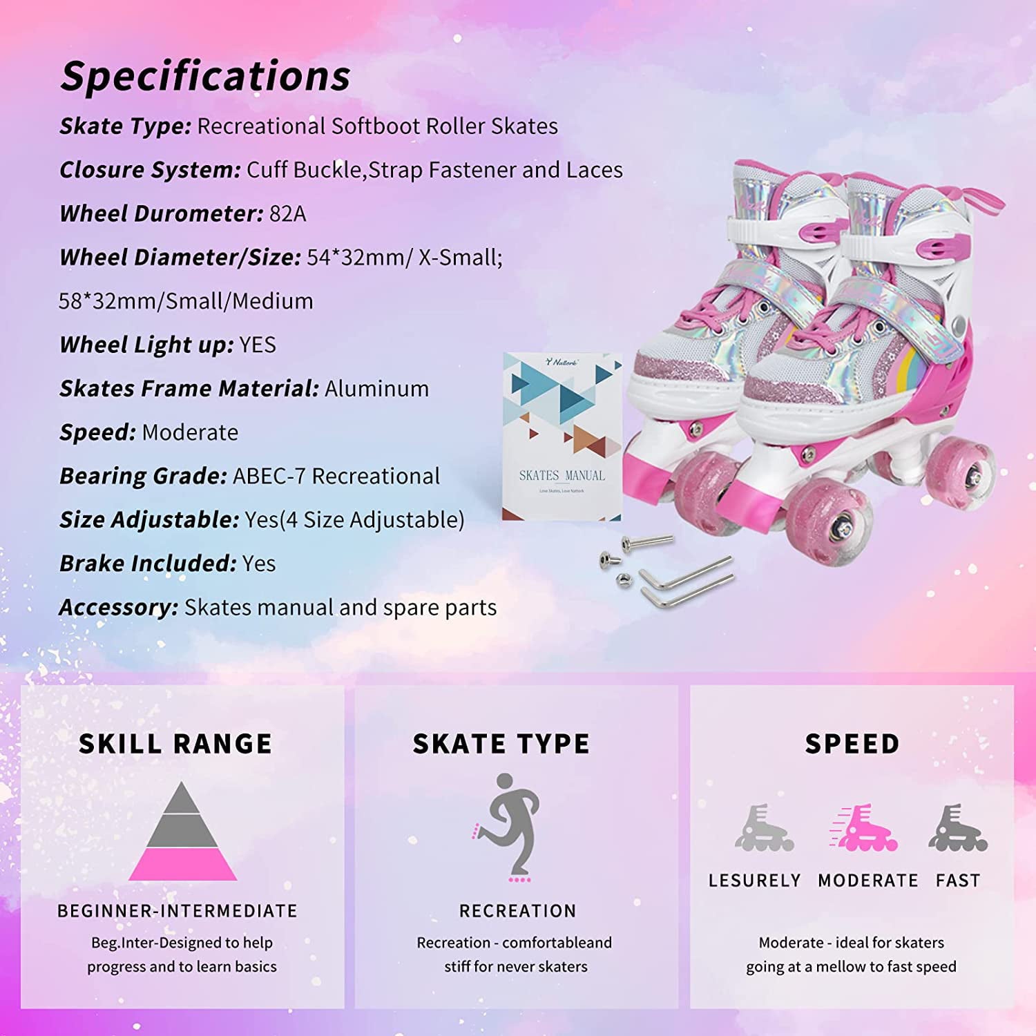 Nattork Roller Skates Rainbow for Gilrs Boys Kids 4 Sizes Adjustable Pink Size S