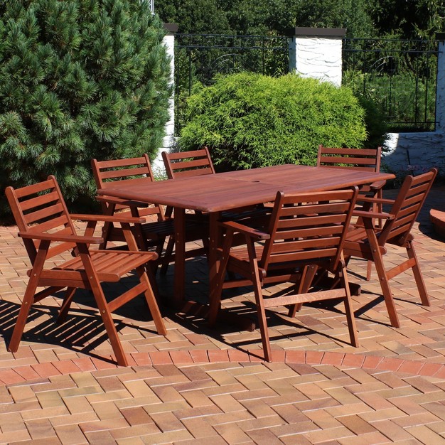 Sunnydaze Outdoor Meranti Wood With Teak Oil Finish Patio Family Dining Table And Chairs Set Brown 7pc