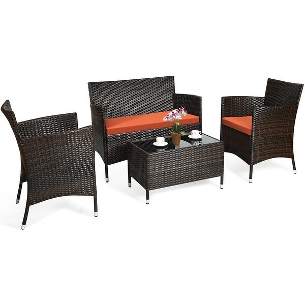 Costway 4PCS Rattan Patio Furniture Set Cushioned Sofa Chair Coffee