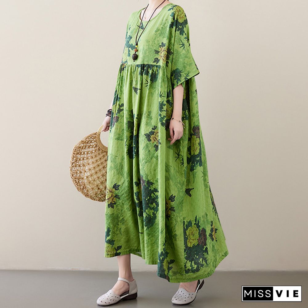 Vintage Floral Print Pocket Loose Linen Dress