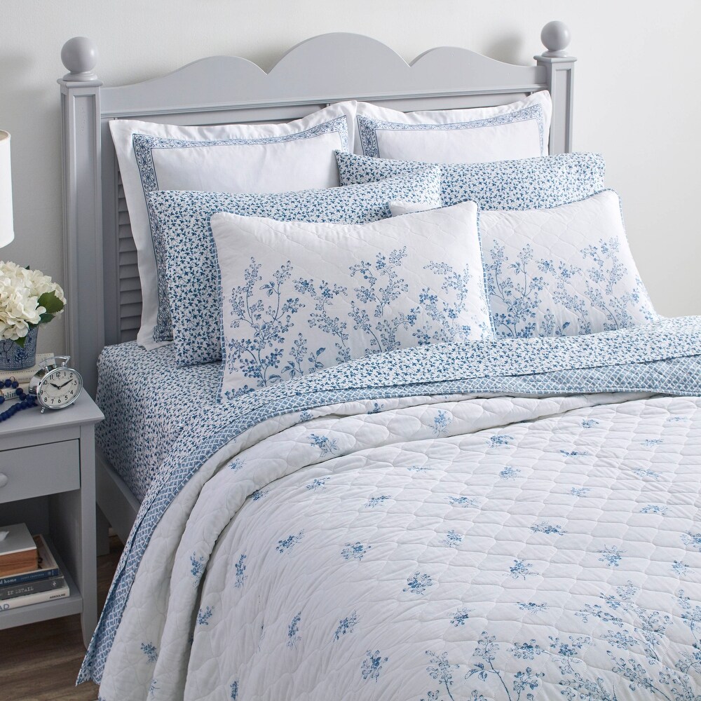 Laura Ashley Flora Cotton Reversible Blue Quilt Set