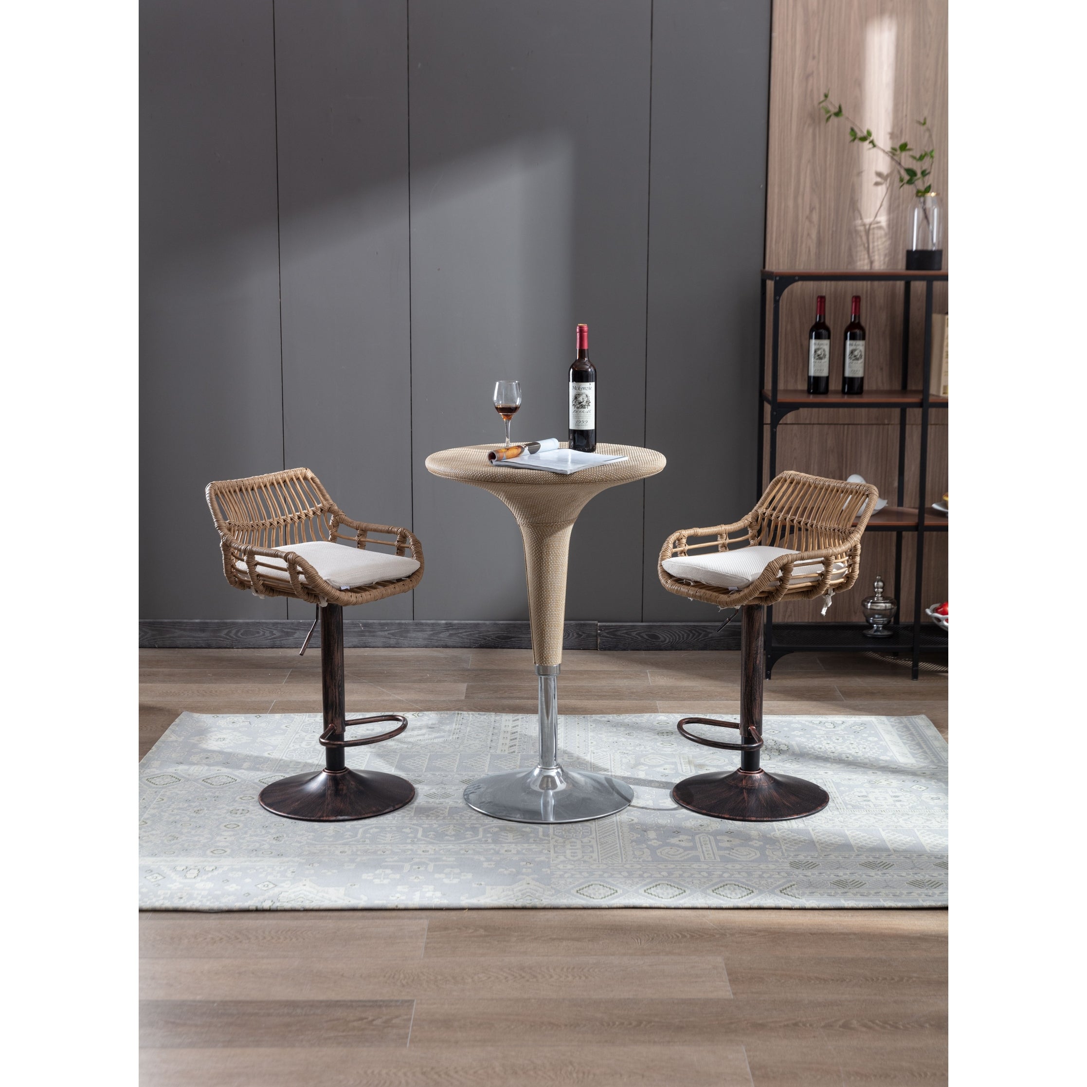 Plastic Rattan Swivel Adjustable Height Bar Stools With Linen cushion(set of 2)