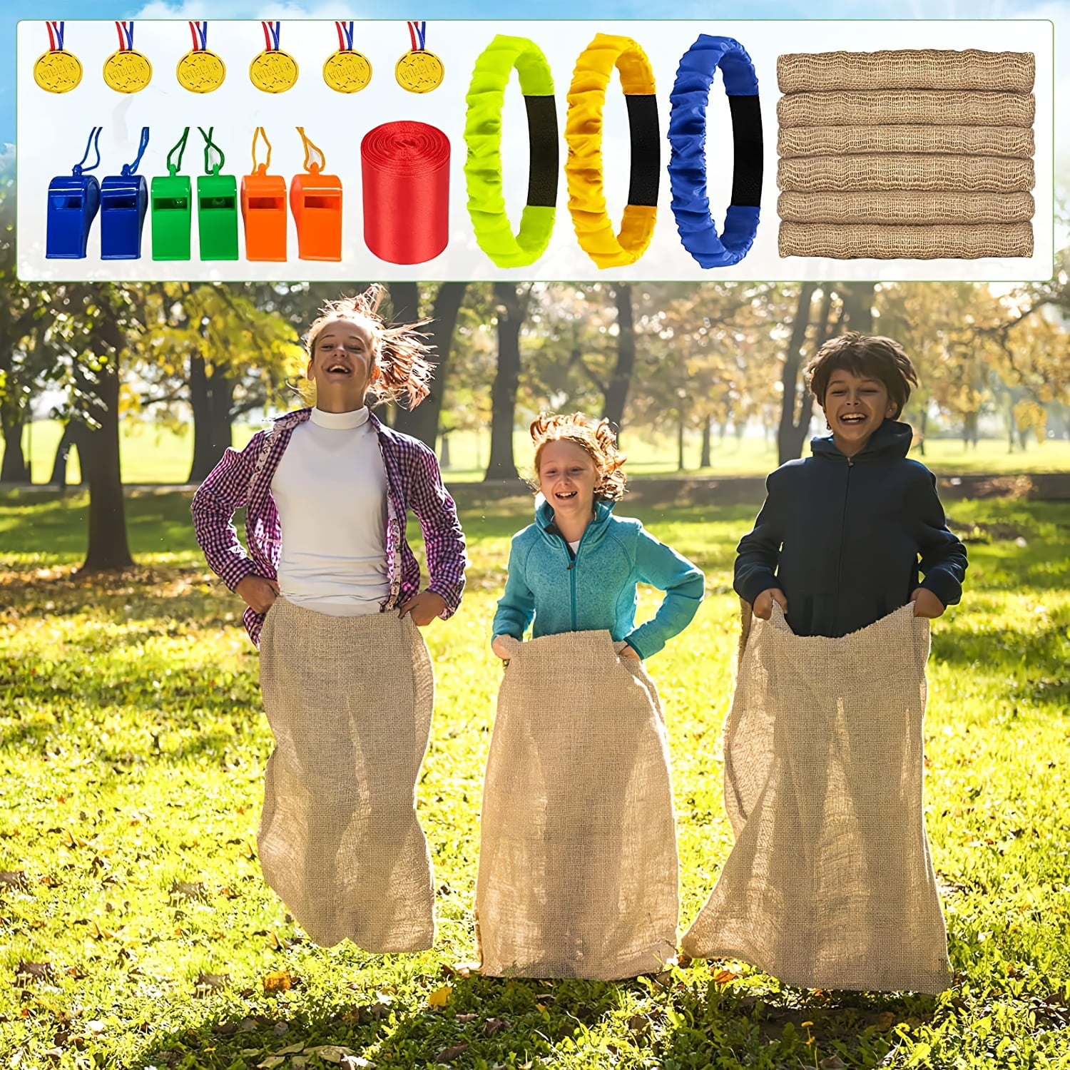 6pcs 23x40” Potato Sack Race Burlap Bags  3-Legged Relay Race Bands  For Adults And Kids  Prizes  Whistles and Rope For Halloween  Outdoor Games and Activities  Lawn Yard  BBQ