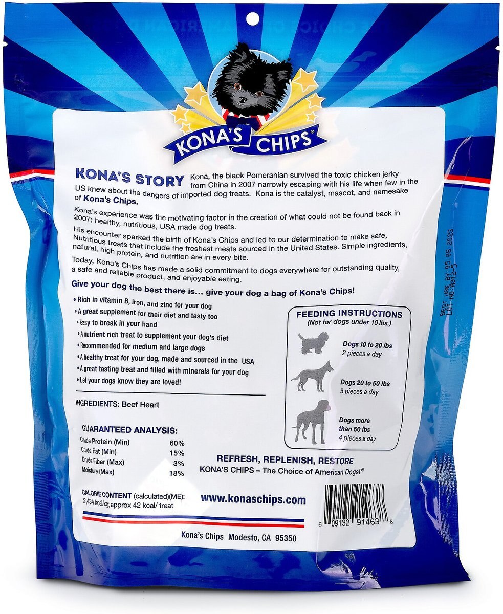 Kona's Chips Beef Heart Jerky Dog Treats， 12-oz bag