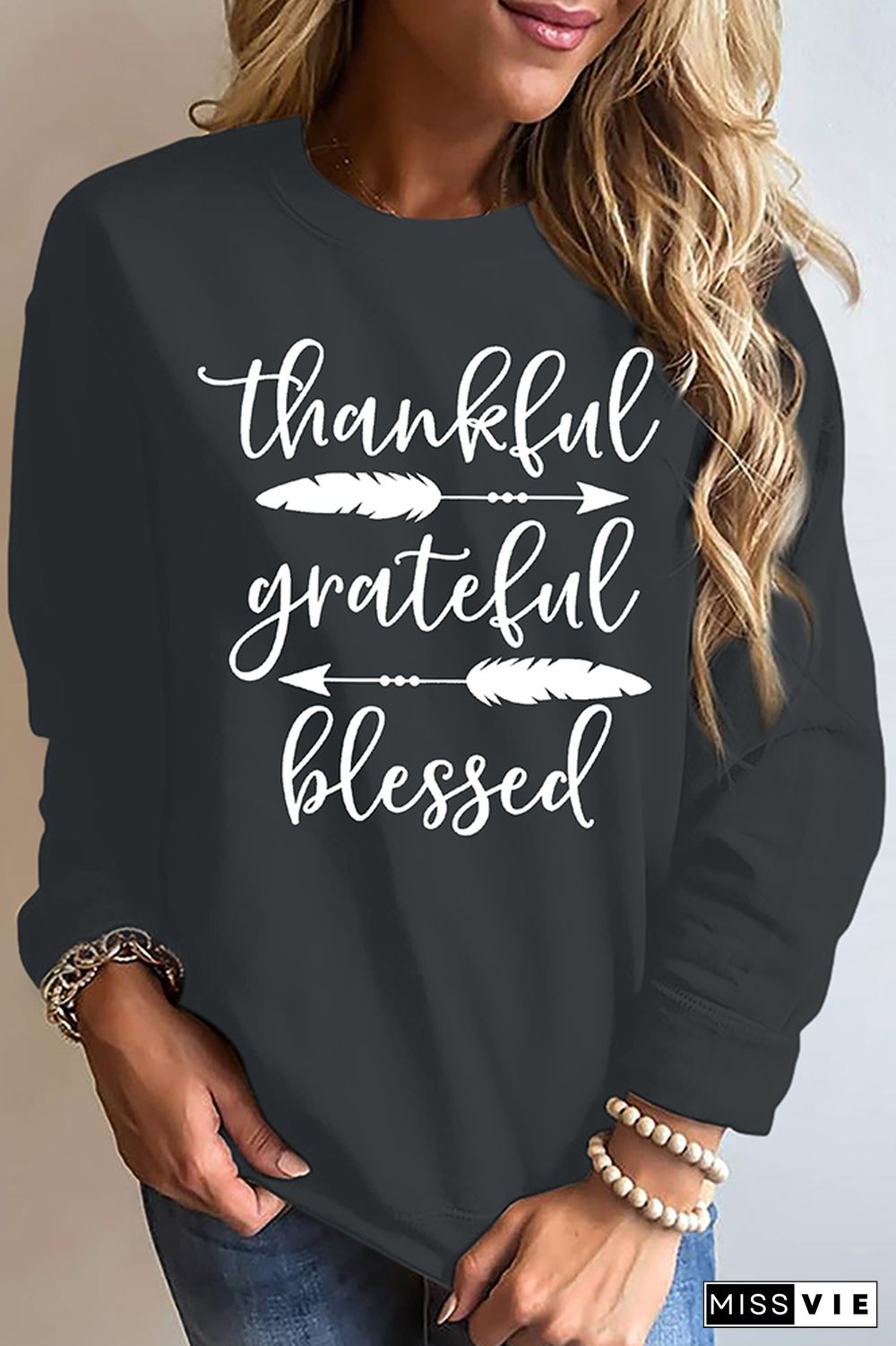 Thankful Grateful Blessed Print Essencial O-neck Long Sleeve Sweatshirts Women Wholesale