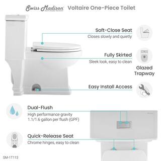 Swiss Madison Voltaire 1-Piece 0.81.28 GPF Dual Flush Elongated Toilet in White Seat Included SM-1T113