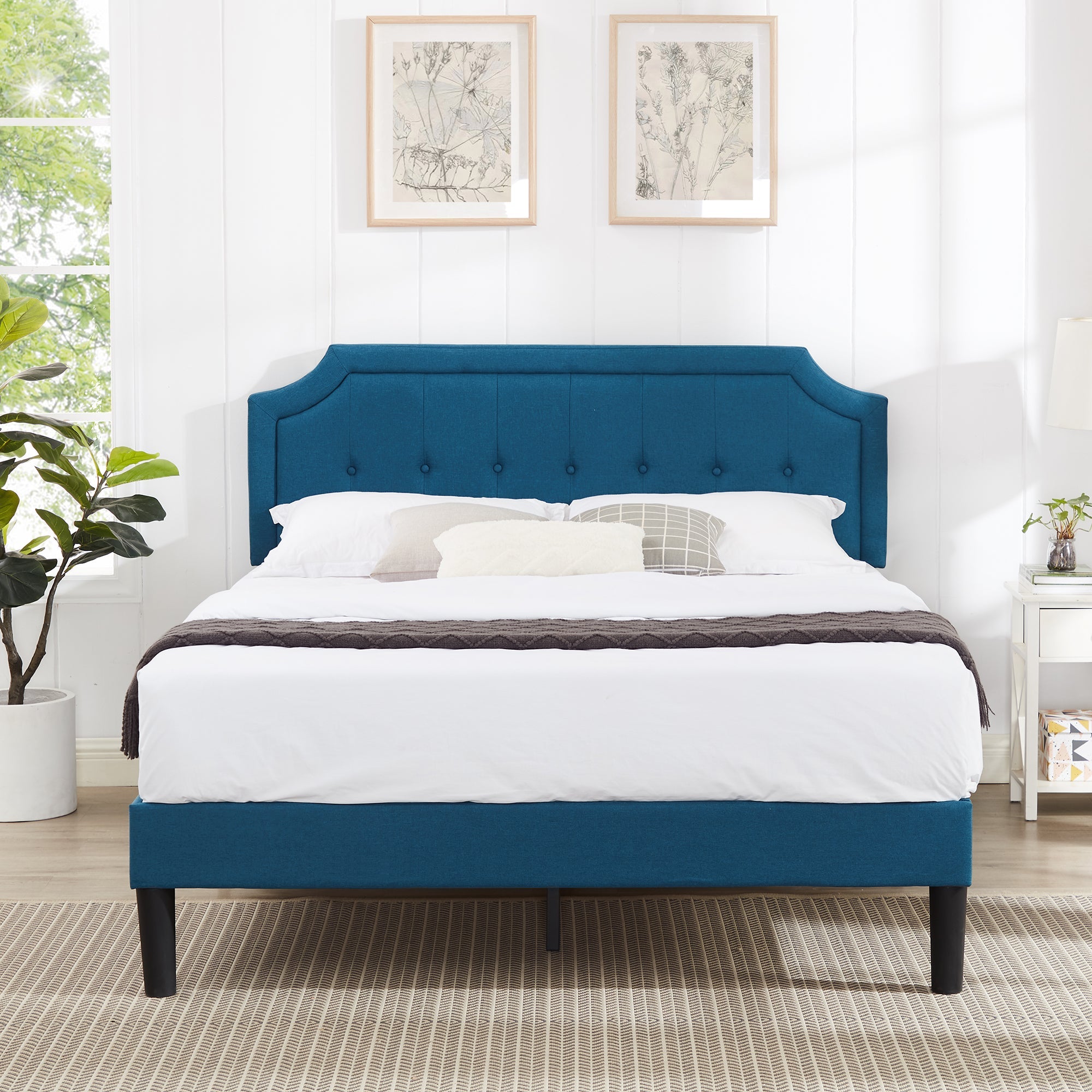 VECELO Upholstered Platform Bed with Height Adjustable Tufted Button Headboard/Mattress Foundation, Blue