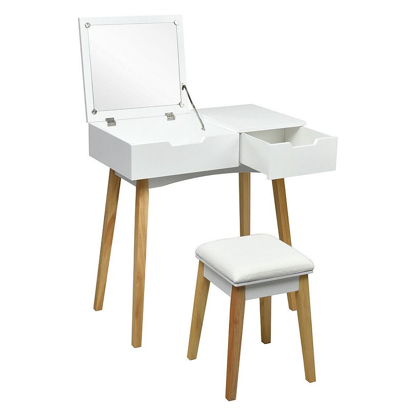 Wooden Vanity Table With Flip Top Mirror And Cushioned Stool