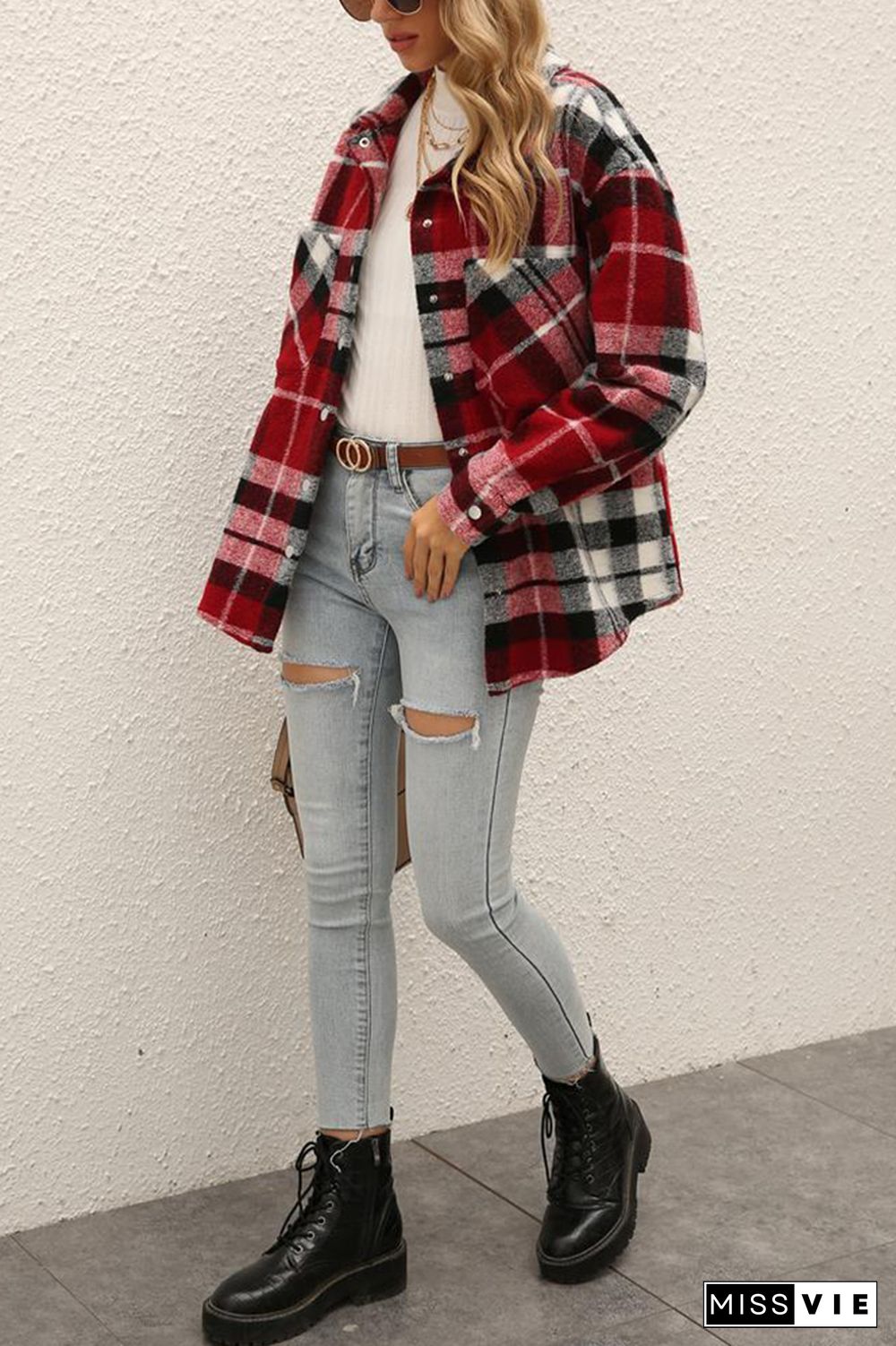 Plaid Single-breasted Thick Coat Women Shacket Jacket Wholesale