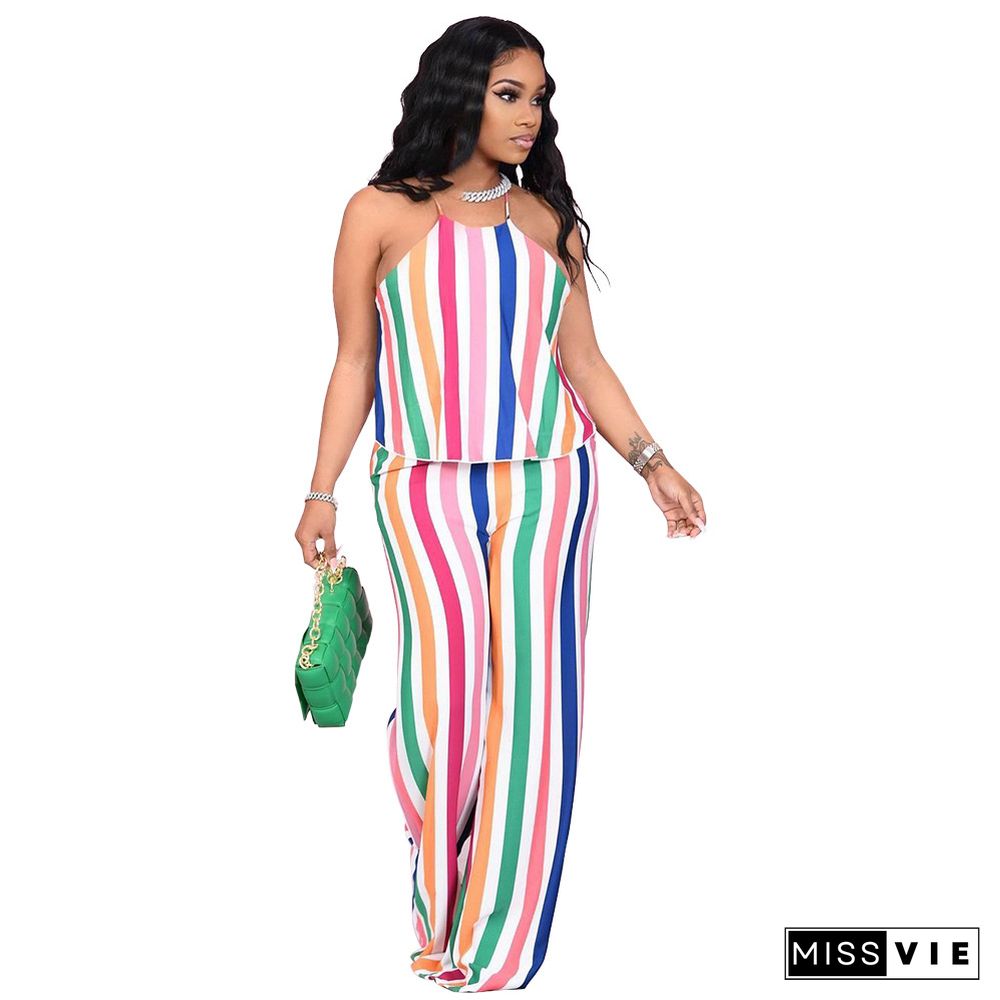 Fashion Color Striped Printing Women Plus Size Halter Sleeveless Crop Tops Loose Pants Summer 2 Piece Set