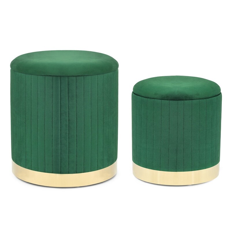 Adeco Round Velvet Storage Ottoman Vanity Stool Footstool (Pack of 2)