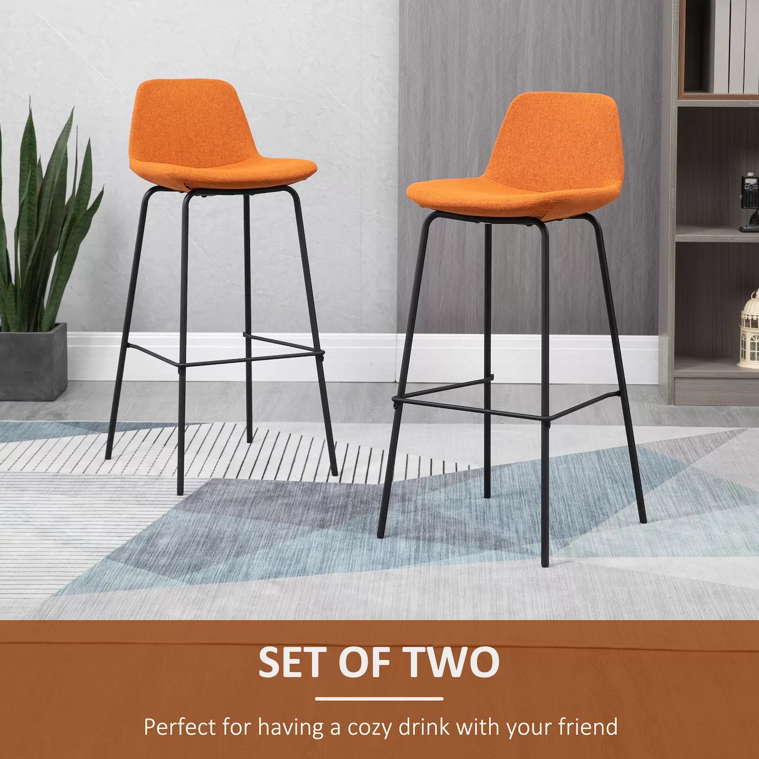 HOMCOM 29.5 Seat Height Bar Stools Set of 2， Upholstered Bar Chairs， Armless Barstools with Back， Steel Legs， Orange