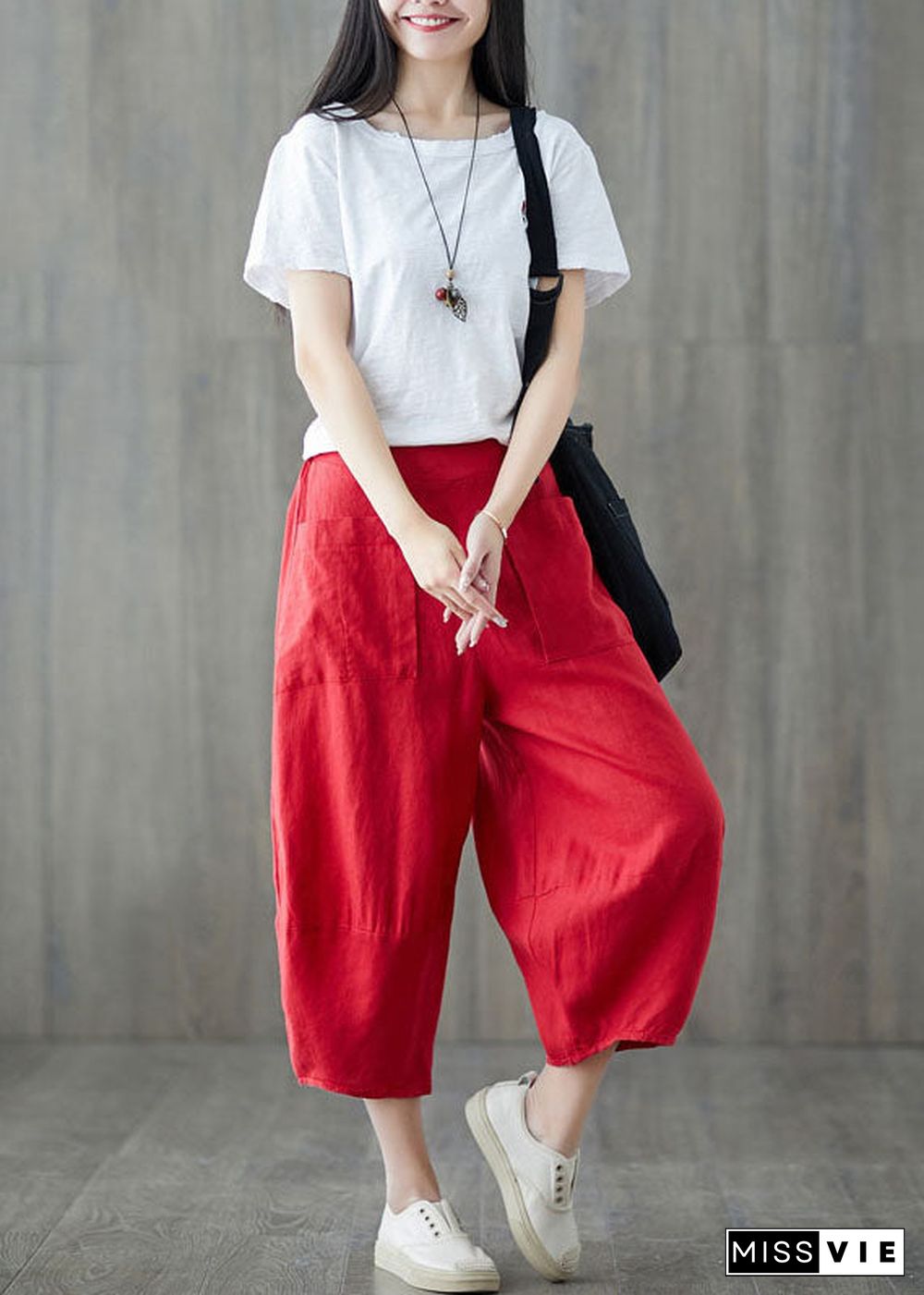 Red Pockets Patchwork Linen Crop Pants Elastic Waist Summer