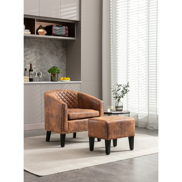 Accent Chair with Ottoman， Mid Century Modern Barrel Chair Upholstered Club Tub Round Arms Chair for Living Room