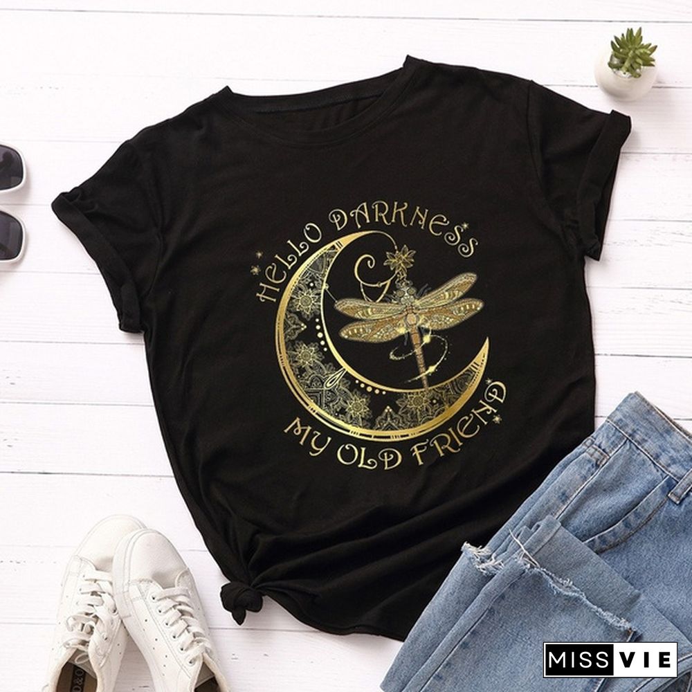 Women Summer T Shirts Plus Size Moon Dragonfly Letter Print Fashion Female Casual Streetwear Ladies Graphic Tee Tops