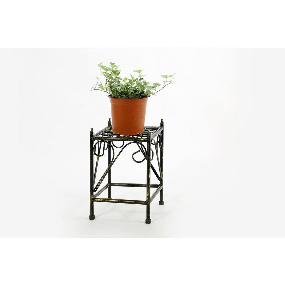 ORE International Small Lattice 13 in. Black/Gold Square Cast Metal Indoor Plant Stand LB-1705B