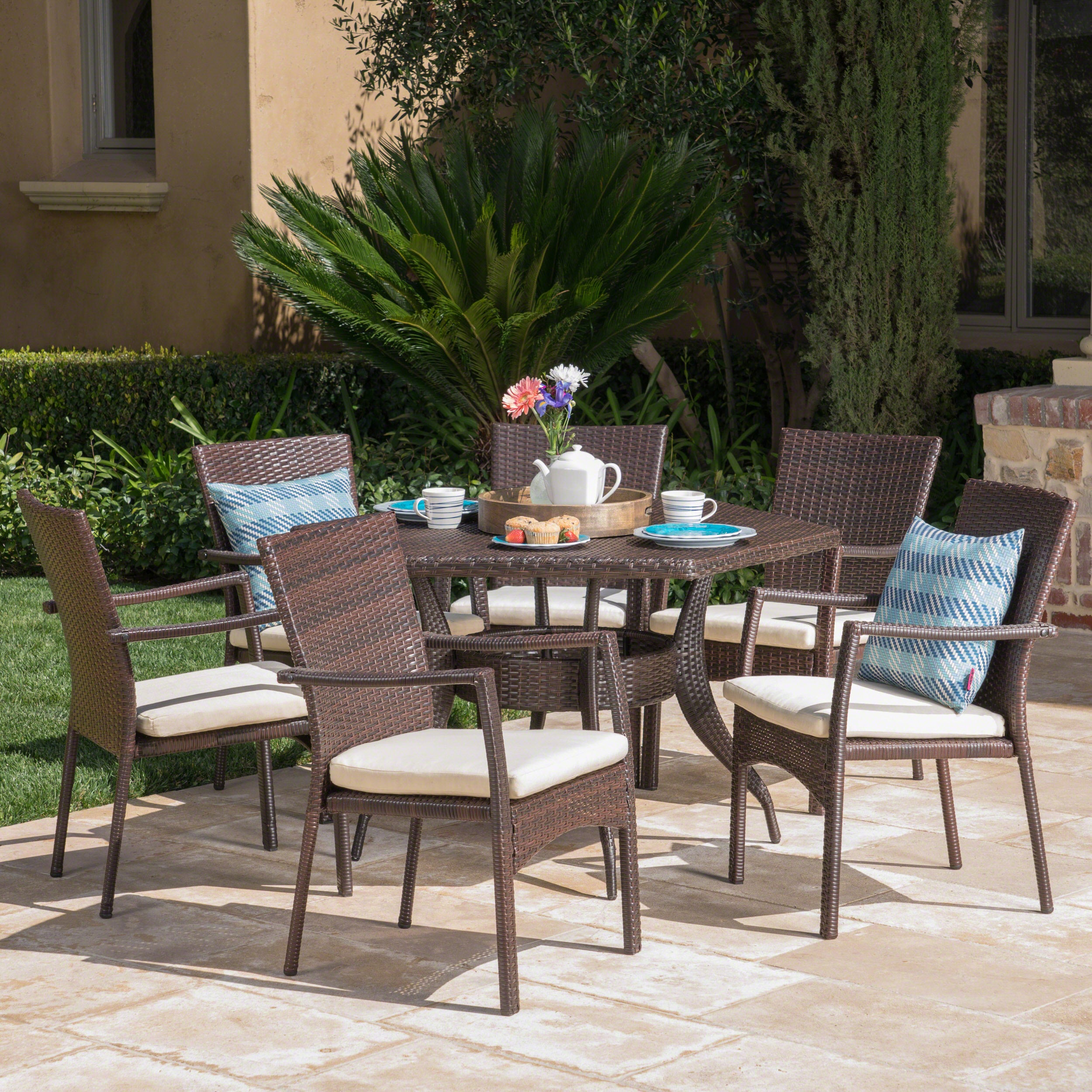 Bartley Outdoor 7 Piece Wicker Hexagon Dining Set with Brown Wicker Chairs