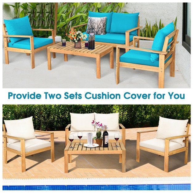 Costway Outdoor 4pcs Acacia Wood Chat Conversation Sofa 2 Sets Cushion Cover Turquoise red