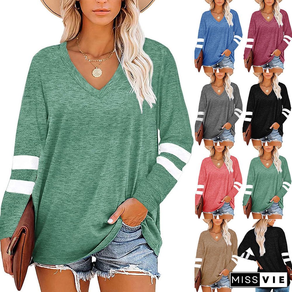 Women's Color V-neck Striped Stitching Long-sleeved Loose Blouses