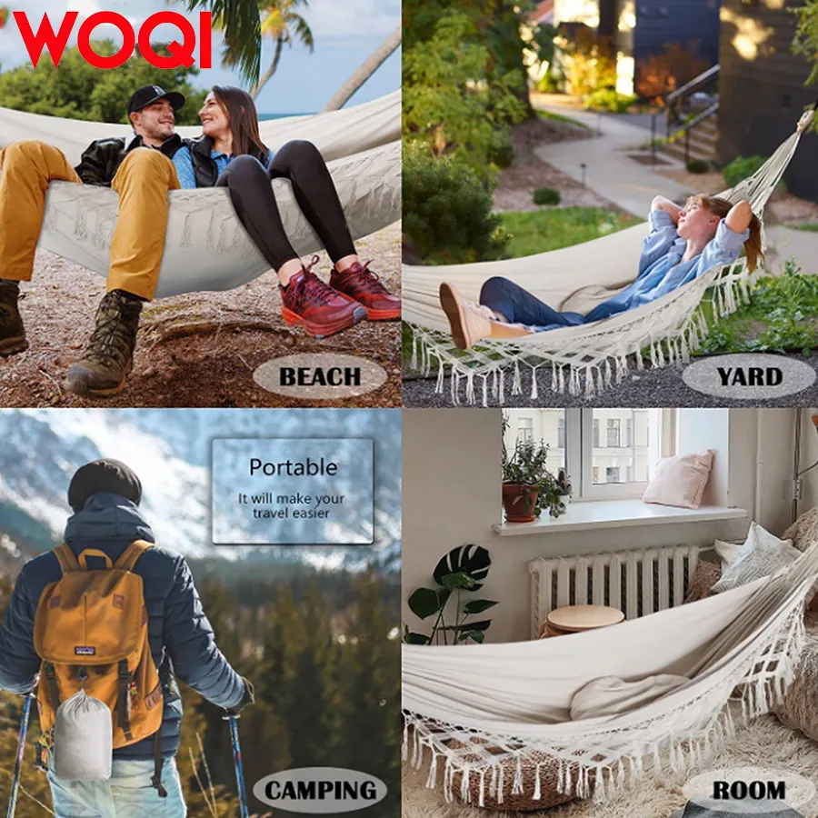 WOQI Outdoor White Camping Hammock Large Fringed Macrame Double Hammock Swing Bed with Carry Bag