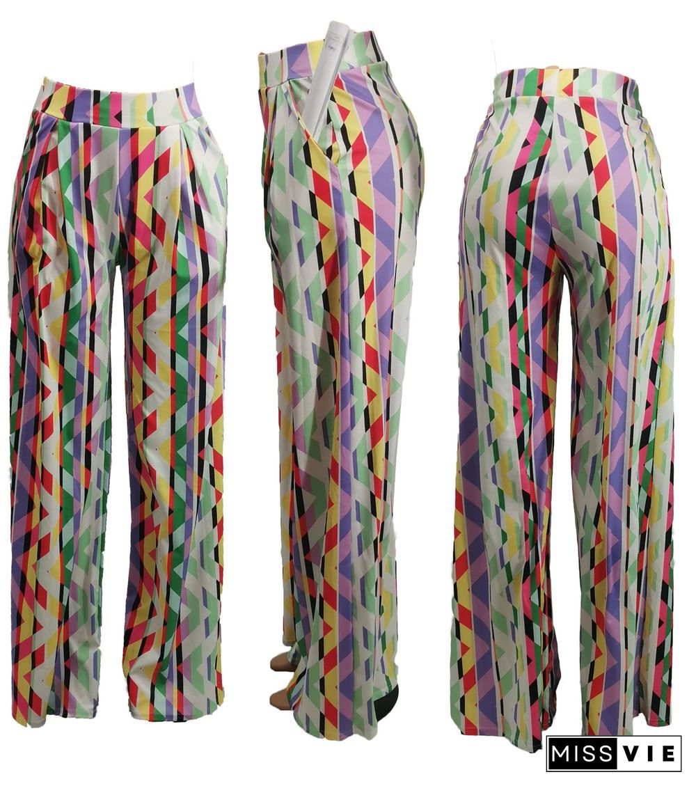 Women Casual High Waist Loose-Fitting Print Wide Leg Pants