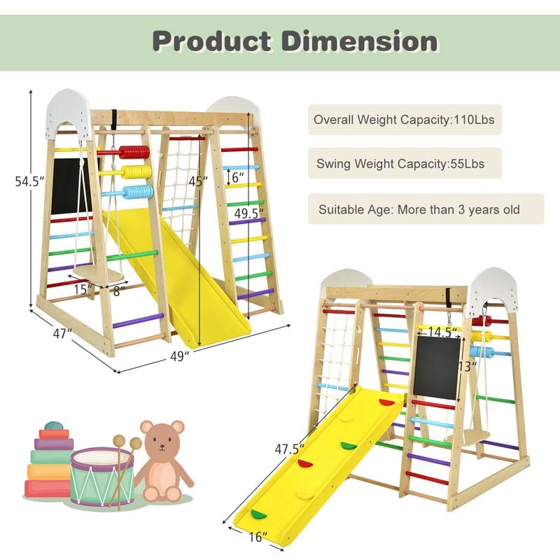 8-in-1 Wooden Climbing Toys for Toddlers, Kids Indoor Playground Jungle Gym Climber Playset with Slide