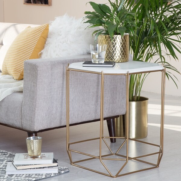 Finch Colton Solid Marble Top Accent Table with Gold Metal Base， White/Gold